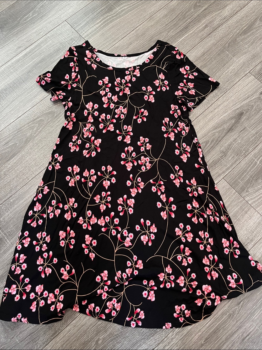 Womens Black Floral Swing Dress with Pink Blossom Print